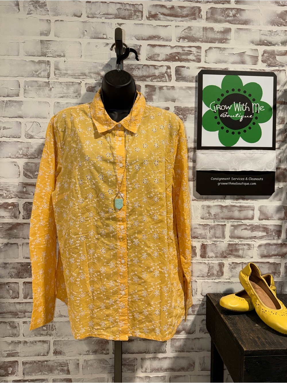 Candace Cameron Bure Yellow Floral Eyelet Top medium